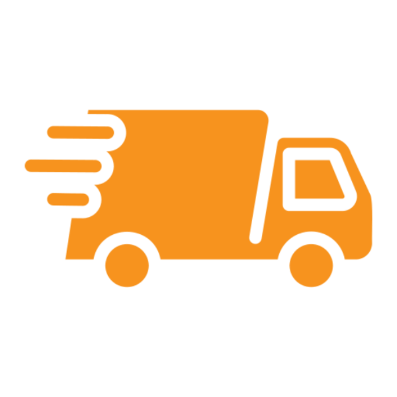 Orange delivery truck icon with speed lines on a white background